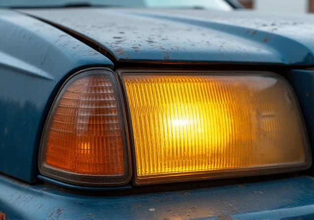 A foggy, yellowed, and oxidized car headlight.