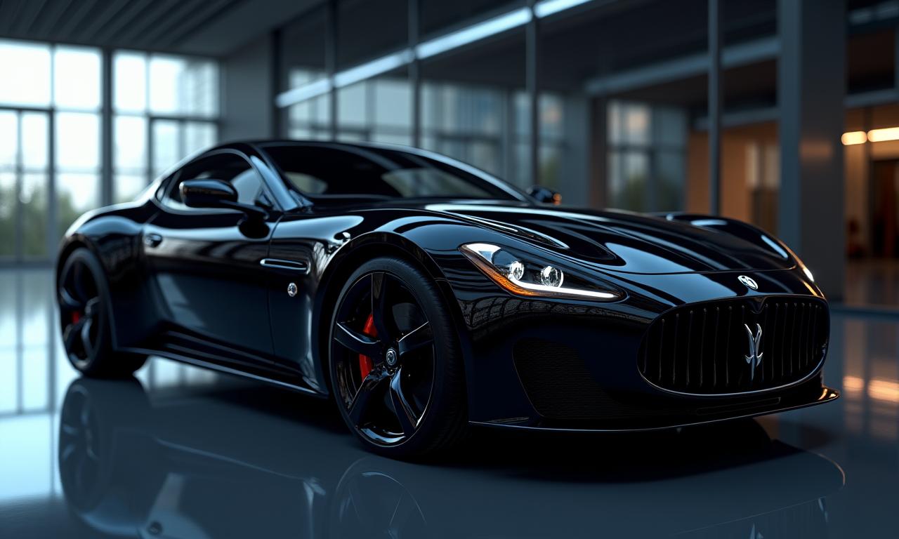 A perfectly polished black luxury car reflecting ambient lights.